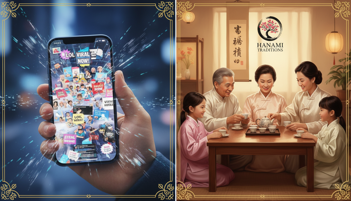 Image: A split image. On one side, a chaotic, rapidly spreading viral meme or short video clip on a phone screen, surrounded by fleeting digital noise. On the other side, a timeless, elegant brand logo subtly integrated into a serene, classic Asian family scene, evoking feelings of trust and tradition.