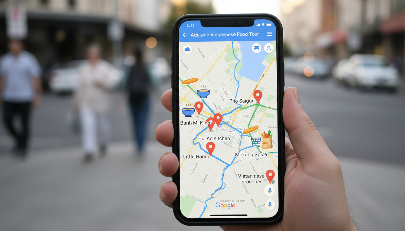Image: A smartphone screen displaying a Google Maps interface with multiple pins marking various Vietnamese restaurants in Adelaide's suburbs. The map shows different routes connecting these pins, with icons for pho, banh mi, and groceries. The background is slightly blurred, suggesting a bustling street scene.