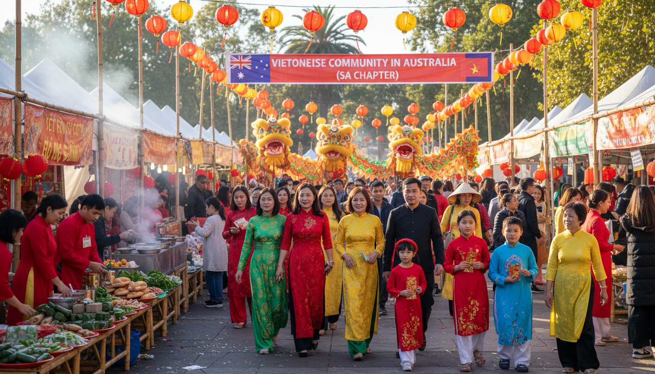 Image: A vibrant scene at a Vietnamese Tết festival in Adelaide. People in traditional áo dài gather around food stalls selling Vietnamese delicacies. There are colourful lanterns, dragon dance decorations, and families smiling. In the background, a banner for the Vietnamese Community in Australia (SA Chapter) is subtly visible.