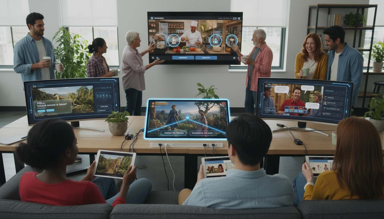 Image: A diverse group of people engaged with various screens displaying interactive video content, some tapping on tablets, others gesturing at smart TVs, all showing a mix of traditional video with overlaid interactive elements like polls, clickable hotspots, and branching narratives.