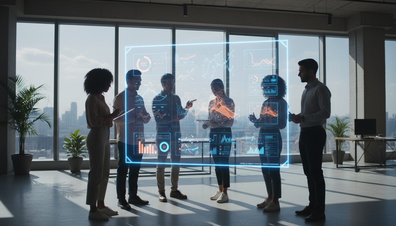 Image: A diverse group of young professionals in a modern, sunlit office collaborating with an AI interface projected on a transparent screen. The interface displays data visualizations and creative concepts, with one person sketching on a tablet, emphasizing human creativity guided by ethical AI.