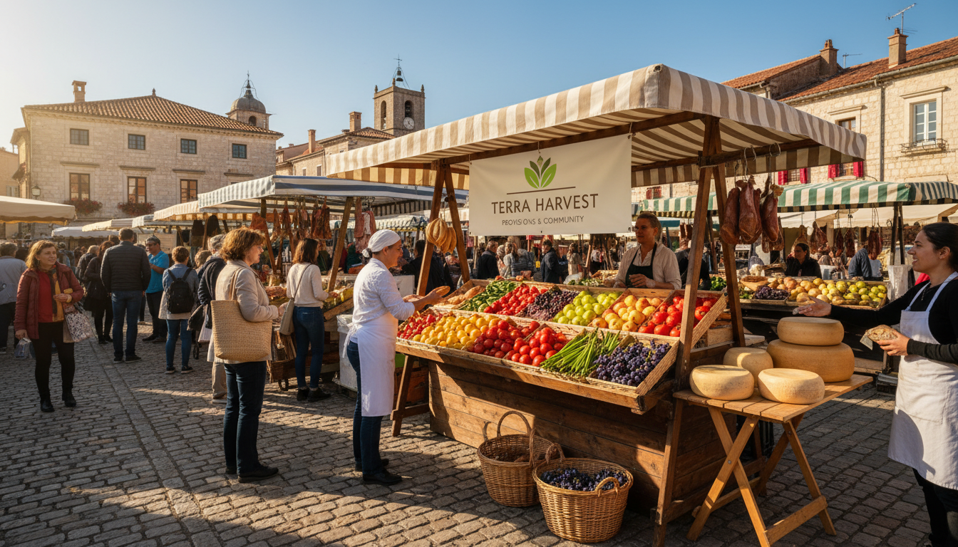 Image: A bustling, sunlit local market in a charming European village, with stalls overflowing with colorful fresh produce, artisanal cheeses, and baked goods. People are interacting with vendors, and a prominent brand logo (e.g., a sustainable food brand) is subtly integrated into a stall banner, showcasing hyper-local engagement.