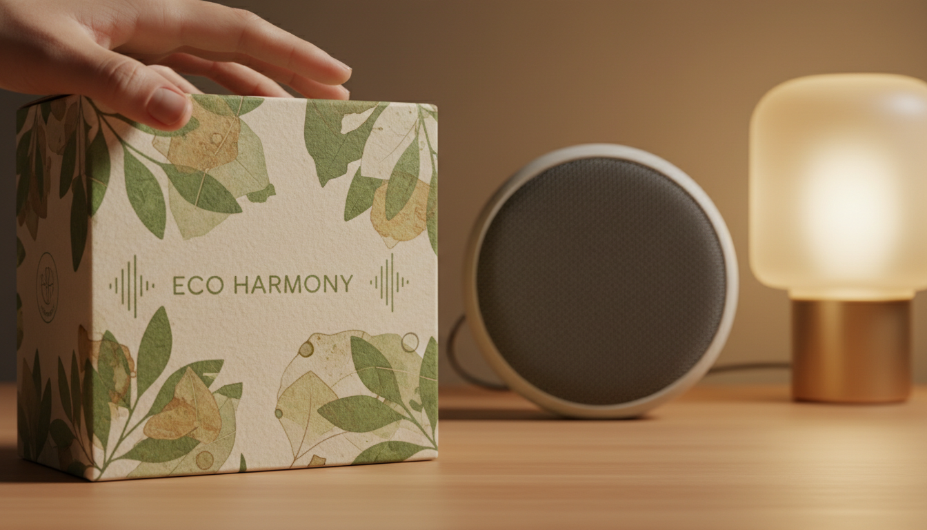 Image: A close-up shot of a hand gently touching a beautifully designed, textured product package made from sustainable materials. In the background, subtly blurred, are elements suggesting a pleasant ambient soundscape (e.g., a high-quality speaker) and a soft, inviting light, illustrating multi-sensory branding.