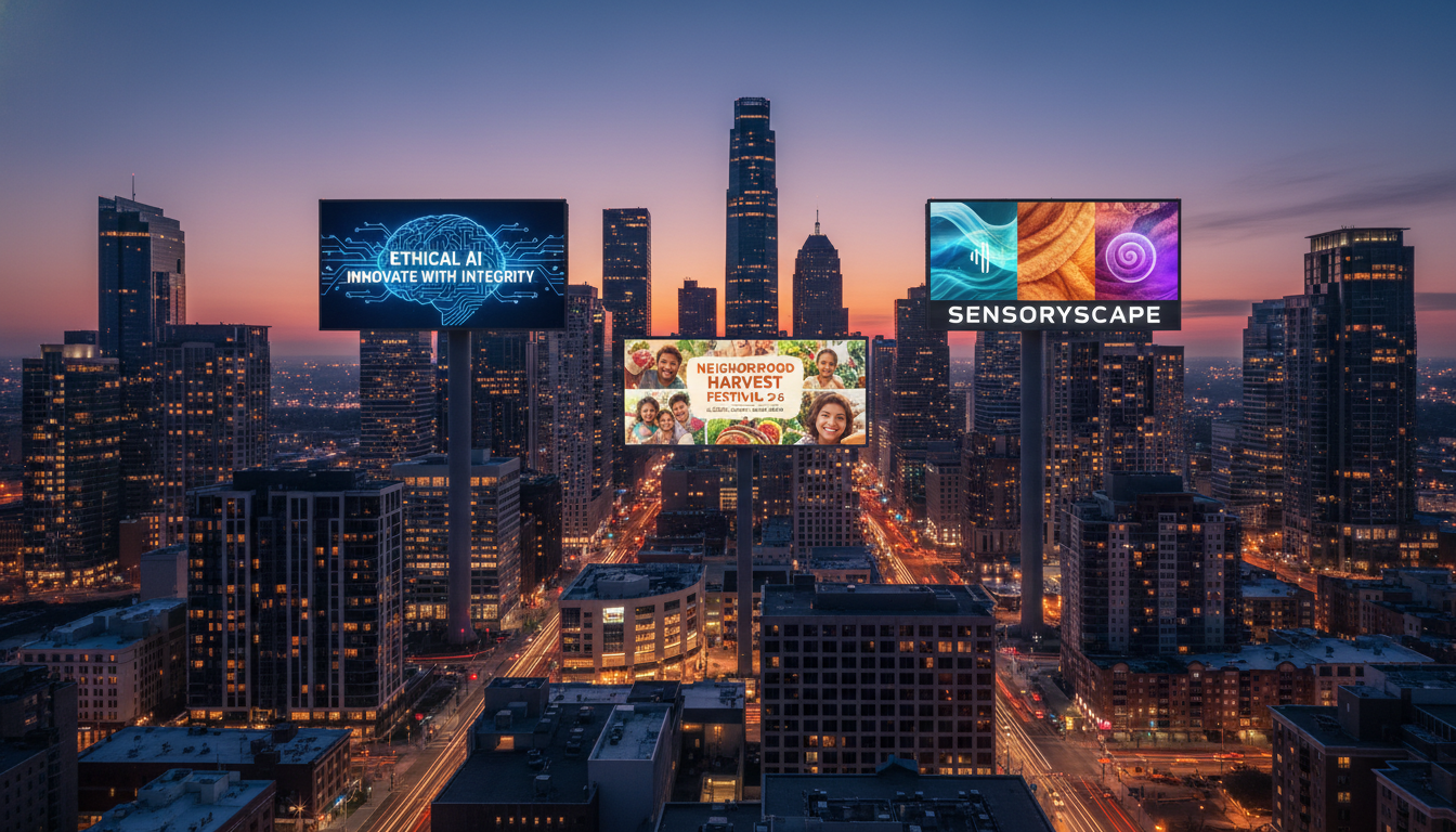 Image: A beautifully composed panoramic shot of a modern city skyline at dusk, with digital billboards showcasing diverse, engaging branding campaigns. One billboard displays an ethical AI message, another a hyper-local community event, and a third a visually striking sensory branding concept, all illuminated by soft, inviting lights.