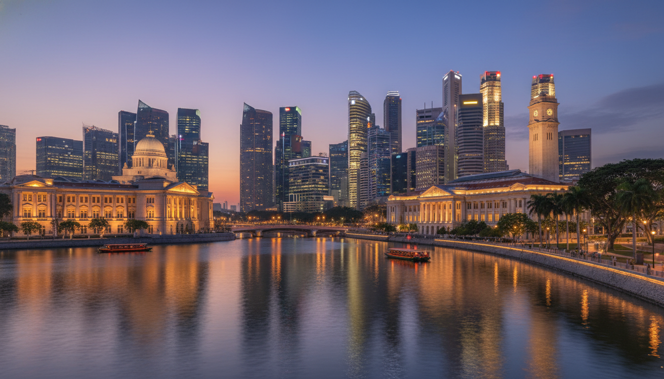Image: A panoramic view of Singapore's Civic District at dusk, showcasing the beautifully lit colonial-era buildings like the National Gallery Singapore and Victoria Theatre, with modern skyscrapers subtly visible in the background, all reflected in the calm waters of the Singapore River. The scene is vibrant yet serene, highlighting the blend of history and modernity.