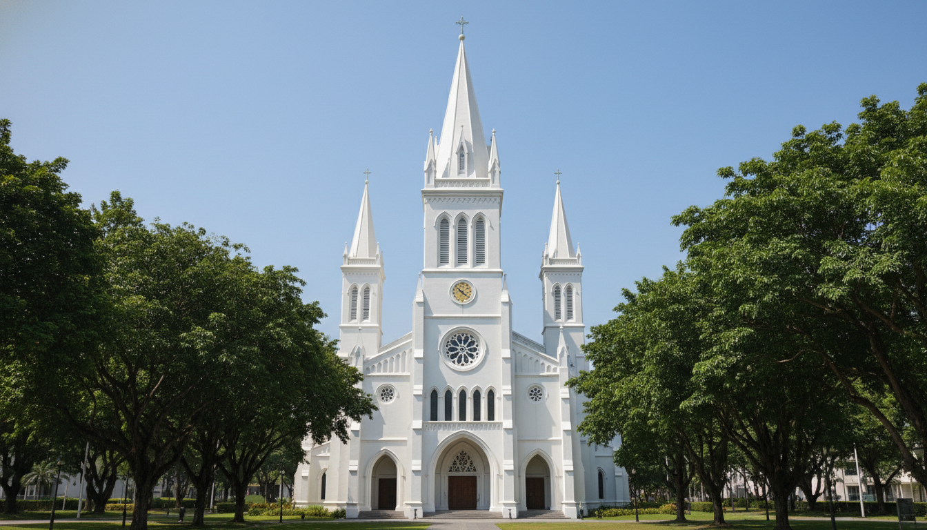 Image: The majestic white exterior of St. Andrew's Cathedral in Singapore, viewed from a slightly elevated angle, showcasing its Gothic Revival architecture, towering spires, and pristine facade against a clear blue sky. Lush green trees frame the foreground, and a sense of peaceful grandeur pervades the scene.