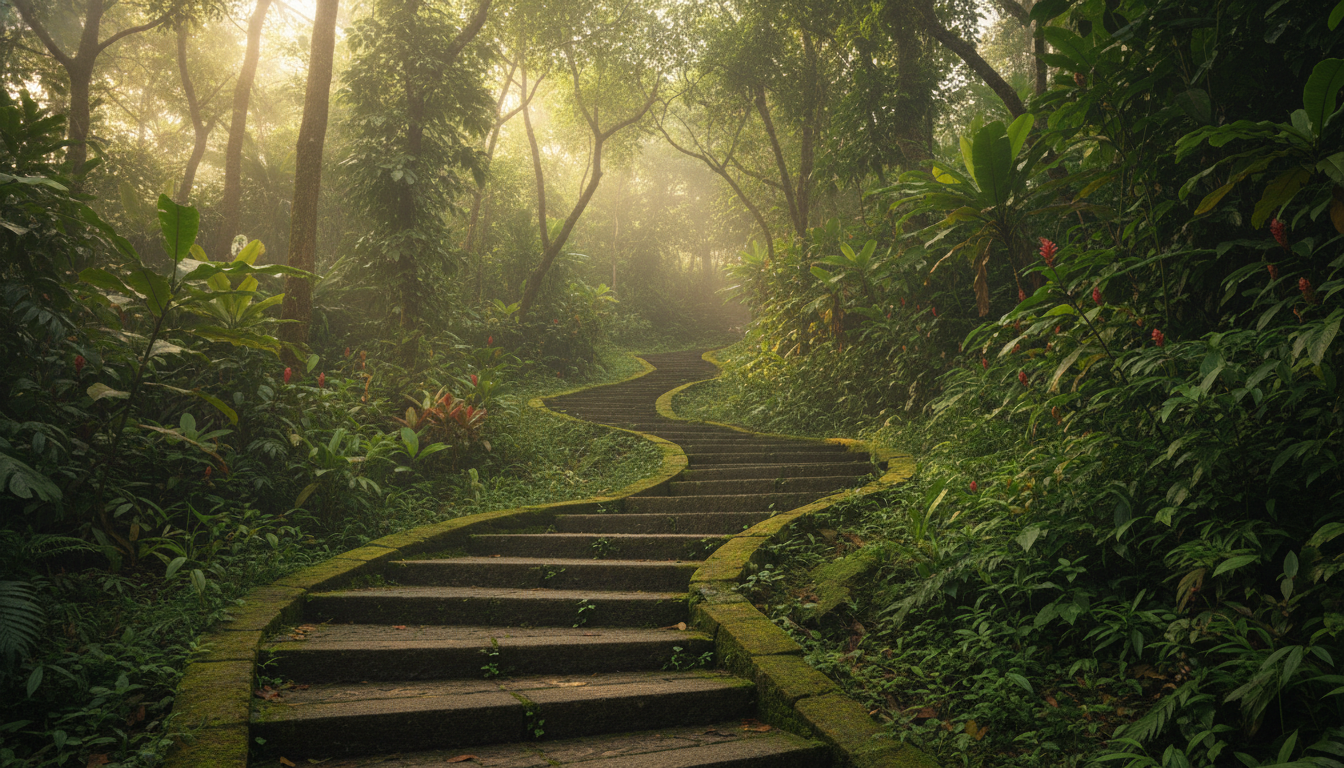 Image: A winding, stone staircase leading upwards through lush, dense tropical foliage within Fort Canning Park, Singapore. Sunlight filters through the canopy, creating dappled shadows on the steps, evoking a sense of ancient mystery and discovery.