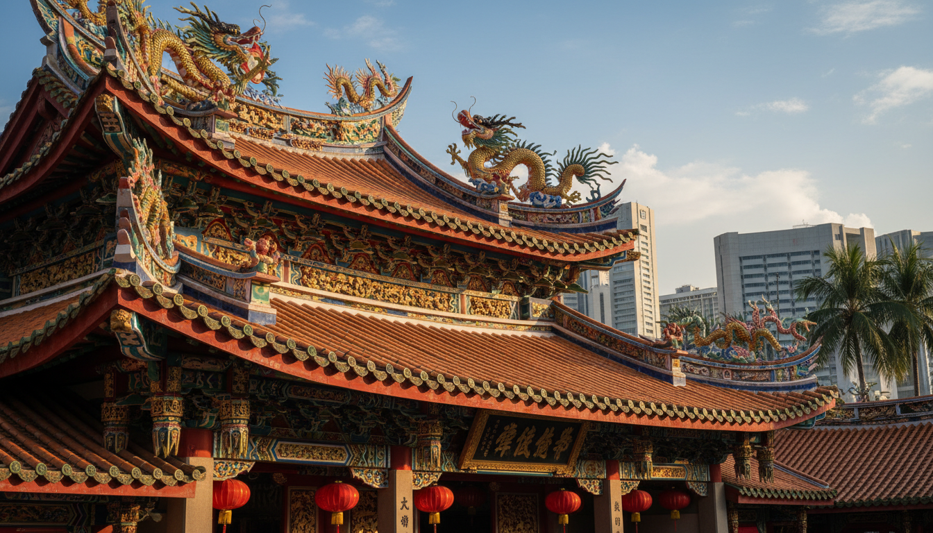 Image: The intricately detailed roof and facade of Thian Hock Keng Temple in Singapore, showcasing vibrant ceramic shards, elaborate dragon carvings, and traditional Chinese architectural elements. The scene is bathed in warm daylight, highlighting the rich colors and textures.