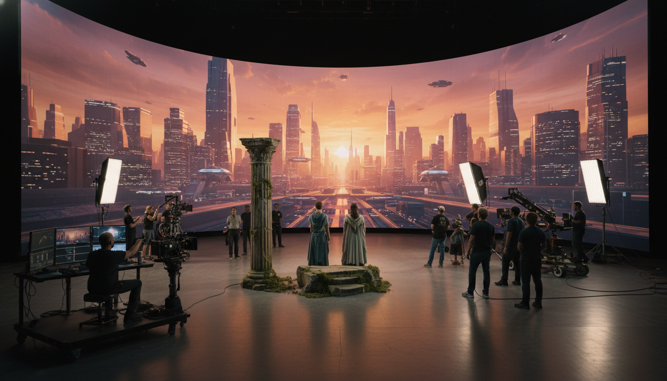 Image: A spacious LED volume studio with a production crew actively filming a scene. The massive curved LED wall displays a hyper-realistic, dynamic virtual environment, perhaps a futuristic cityscape at sunset or an ancient temple ruin shrouded in mist. Actors are on a small physical set piece in the foreground, seamlessly integrated with the virtual background. Cameras and lighting equipment are positioned strategically, and the director is observing from a monitor station with real-time feedback.