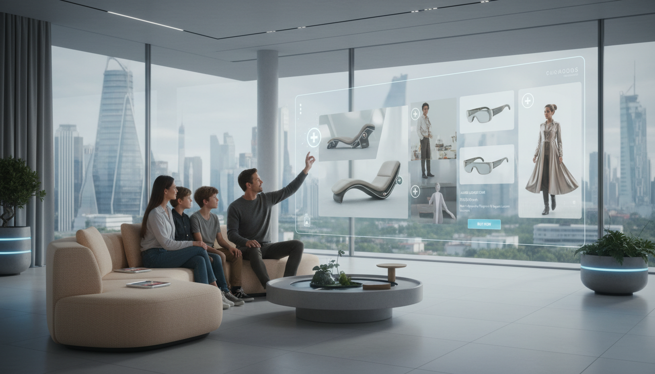 Image: A futuristic living room scene where a family is watching a large transparent interactive video screen. On the screen, a lifestyle video showcasing various products (furniture, electronics, clothing) has clickable elements highlighted. One family member is using a subtle hand gesture to interact with a product on the screen, bringing up purchasing information. The room is modern and comfortable, reflecting seamless integration of technology into daily life.