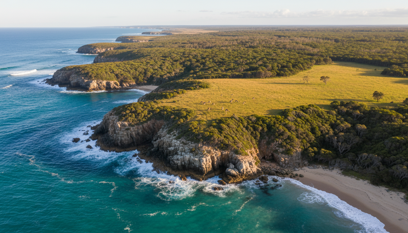 Image: A sweeping aerial view of Kangaroo Island's rugged coastline meeting turquoise waters, with dense green bushland extending inland and a group of kangaroos grazing peacefully in a sun-drenched meadow.