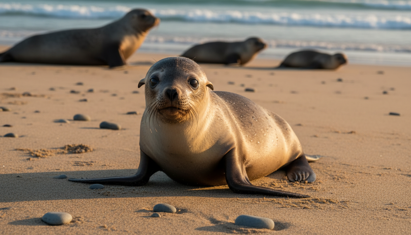 Image: A close-up, respectful shot of an Australian sea lion pup with soft, wet fur, looking curiously at the camera while resting on the sand at Seal Bay Conservation Park, with other sea lions visible in the background.