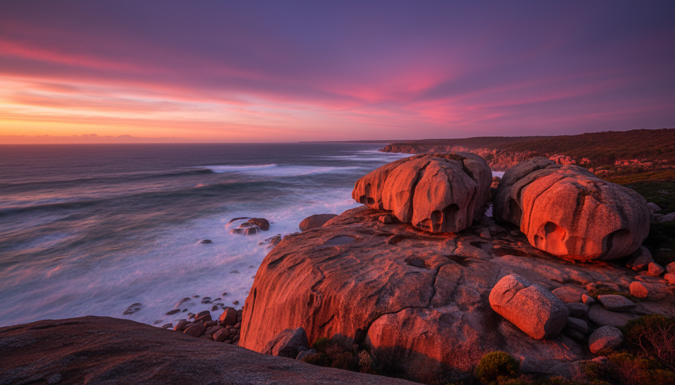 Image: A breathtaking wide-angle shot of Remarkable Rocks at sunset, with the colossal granite boulders glowing fiery orange against a dramatic sky of purples and pinks, and the vast, turbulent Southern Ocean stretching to the horizon.