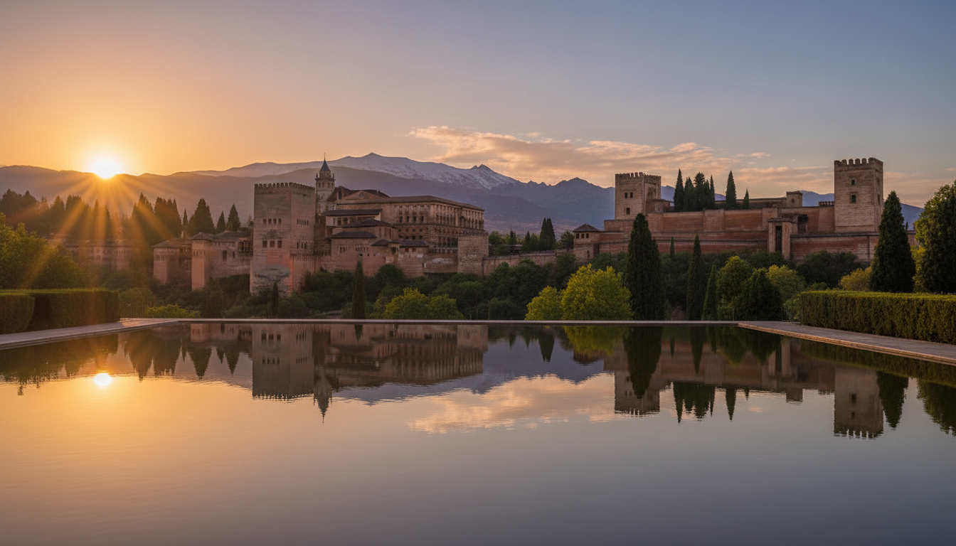 Image: A panoramic view of the Alhambra palace in Granada, Spain, at sunset, with intricate Moorish architecture bathed in warm golden light, reflecting in still water, and the Sierra Nevada mountains in the distance. The scene conveys a sense of ancient history, grandeur, and serene beauty.