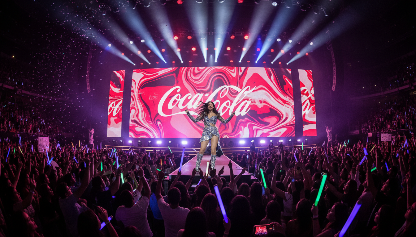 Image: A vibrant and dynamic concert scene featuring Rosalía performing on stage, bathed in dramatic stage lights, with a crowd of enthusiastic fans holding up glow sticks and phones. The image captures the energy and excitement of a live musical performance, with a subtle nod to Coca-Cola branding in the background or on screen.
