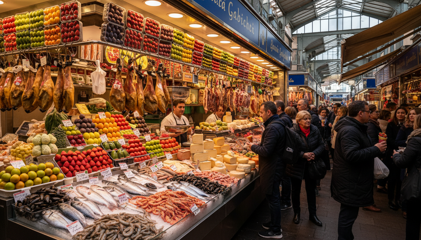 Image: A vibrant market stall in La Boqueria, Barcelona, overflowing with colorful fresh produce, cured meats (jamón ibérico), cheeses, and seafood. People are bustling around, sampling goods, and interacting with vendors. The scene is full of life, color, and culinary abundance.