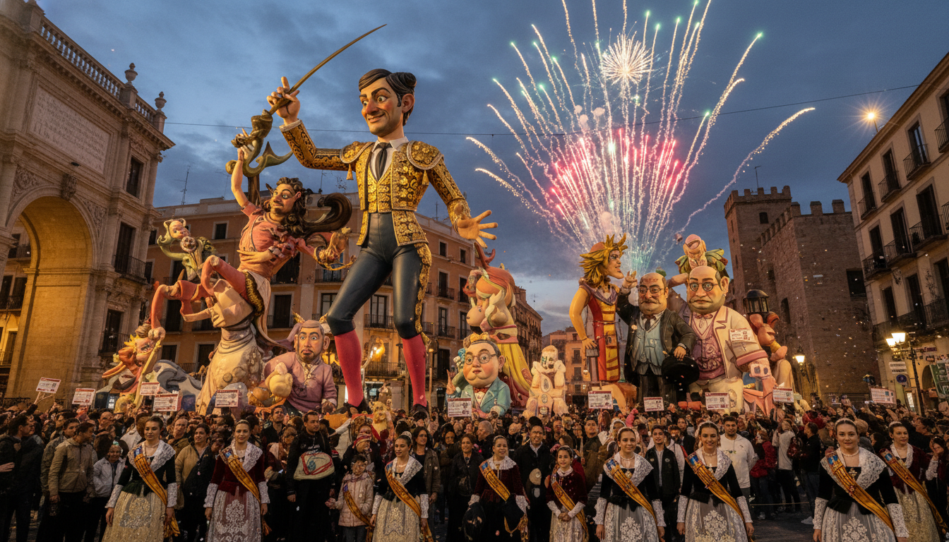 Image: A vibrant and lively street scene in Valencia, Spain, during the Fallas festival, with giant, colorful papier-mâché figures (ninots) towering over the streets, crowds of people celebrating, and fireworks visible in the evening sky. The image captures the dynamic energy and unique cultural celebration.