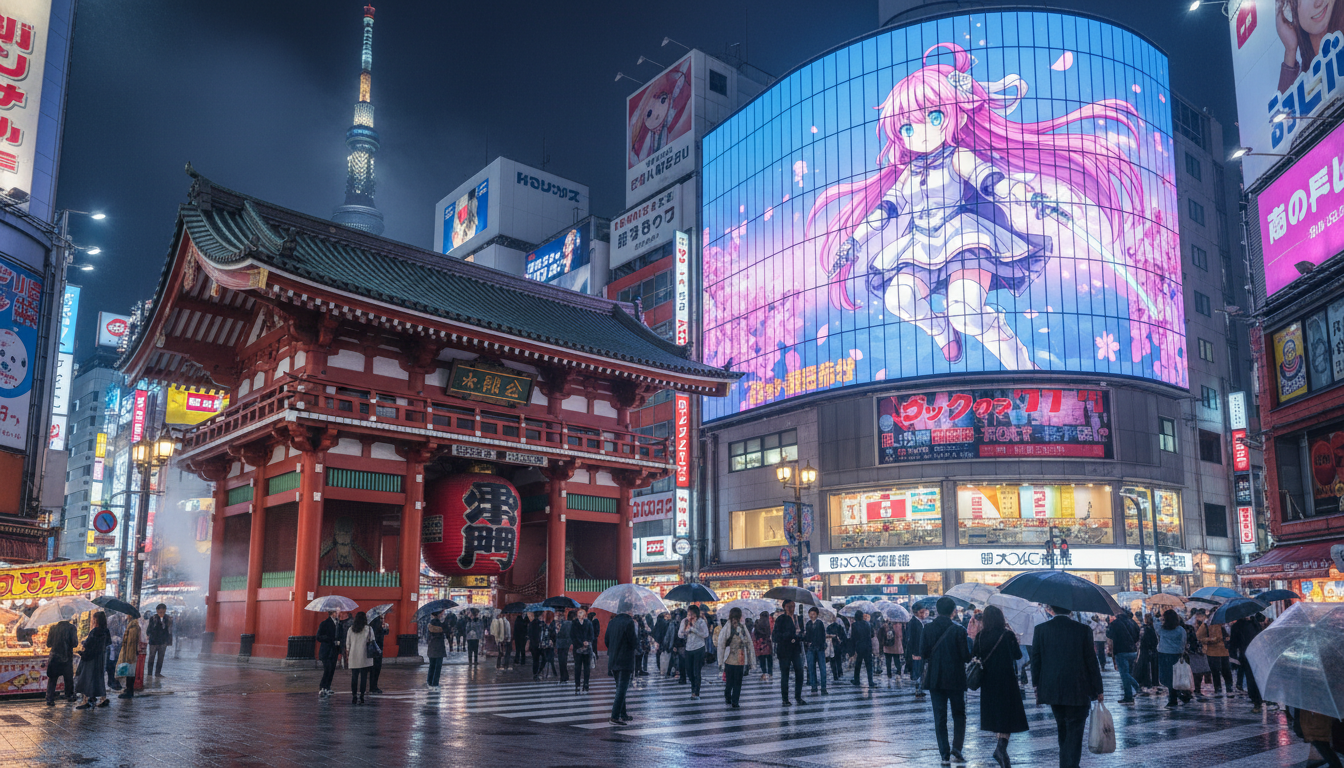 Image: A vibrant street scene in Tokyo at night, with a traditional temple gate in the foreground and a futuristic 3D billboard displaying an animated character in the background, showcasing the blend of old and new technology.