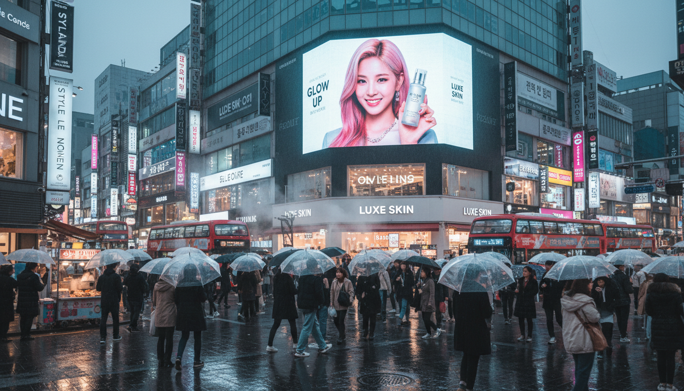 Image: A bustling street in Seoul with a large LED screen displaying a K-Pop idol endorsing a beauty product, surrounded by trendy shops and vibrant neon signs.