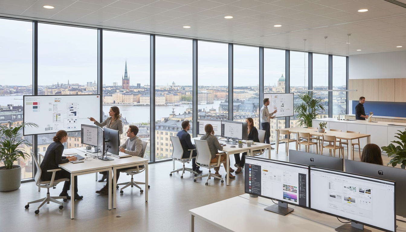 Image: A modern, minimalist office space in Stockholm with large windows overlooking a city skyline. Desks feature multiple monitors and collaborators are engaged in design thinking sessions, with digital mockups visible on screens.