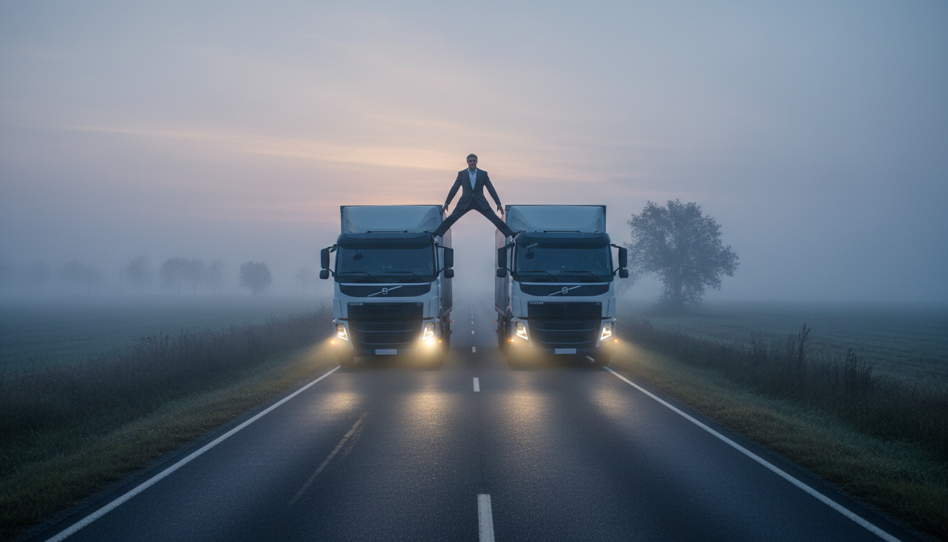 Image: Jean-Claude Van Damme performing his epic split between two reversing Volvo FM trucks on a desolate, misty European road at dawn, with the trucks