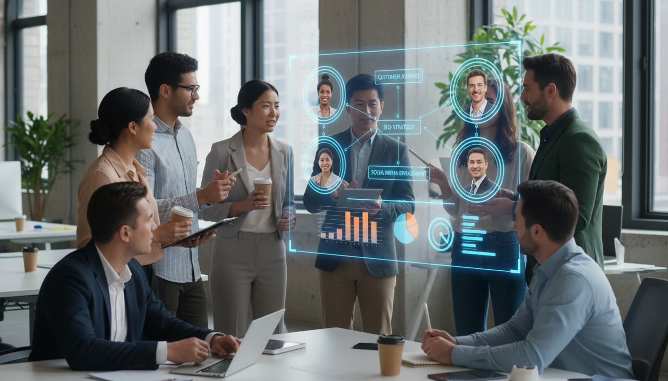 Image: A diverse group of marketing professionals in a modern, collaborative office setting, brainstorming ideas on a large interactive digital whiteboard. The whiteboard displays concepts for engaging, data-driven campaigns with visuals of diverse customer demographics.