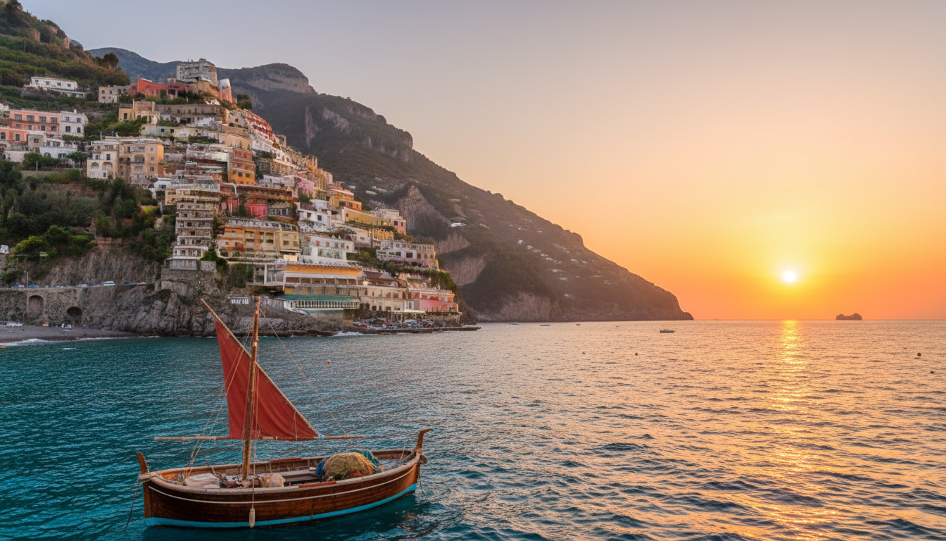 Image: A panoramic view of the Amalfi Coast in Italy, with vibrant pastel-colored houses clinging to dramatic cliffs, sparkling turquoise sea, and a classic wooden fishing boat in the foreground. The sun is setting, casting warm golden light.