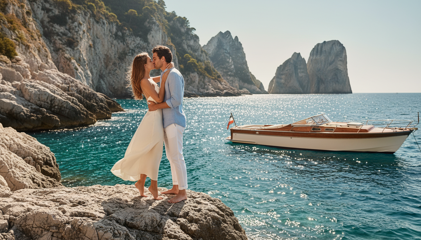Image: A striking scene set on a rocky cove in Capri, Italy, featuring a male and female model in elegant, light summer attire embracing passionately by the turquoise sea. The sun is high, creating sparkling reflections on the water, with dramatic cliffs and a classic Italian motor yacht in the background.