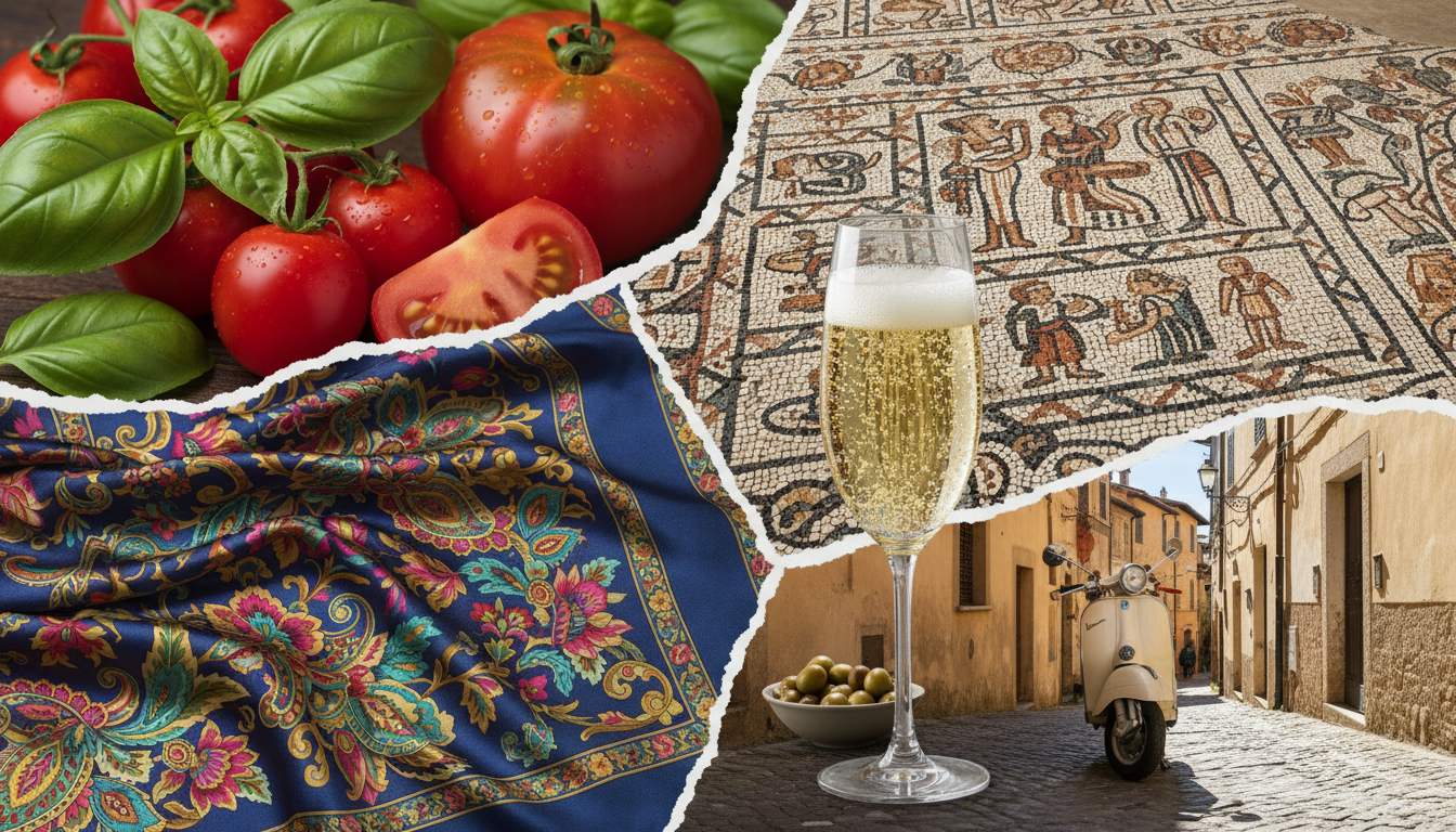 Image: A collage of diverse sensory elements representing Italy: a close-up of fresh basil leaves and ripe tomatoes, a vibrant patterned silk scarf, the detailed texture of a Roman mosaic, a glass of sparkling prosecco, and a vintage Vespa parked on a narrow, sunny street.