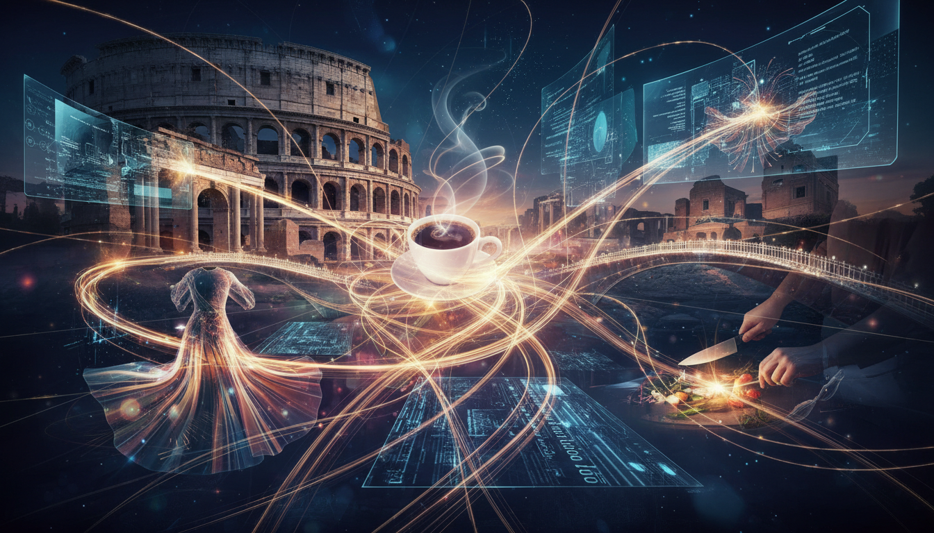 Image: A creative, abstract representation of interconnectedness: swirling lines of light forming pathways between ancient Roman architecture, modern digital interfaces, and elements like a coffee cup, a fashion design, and a chef