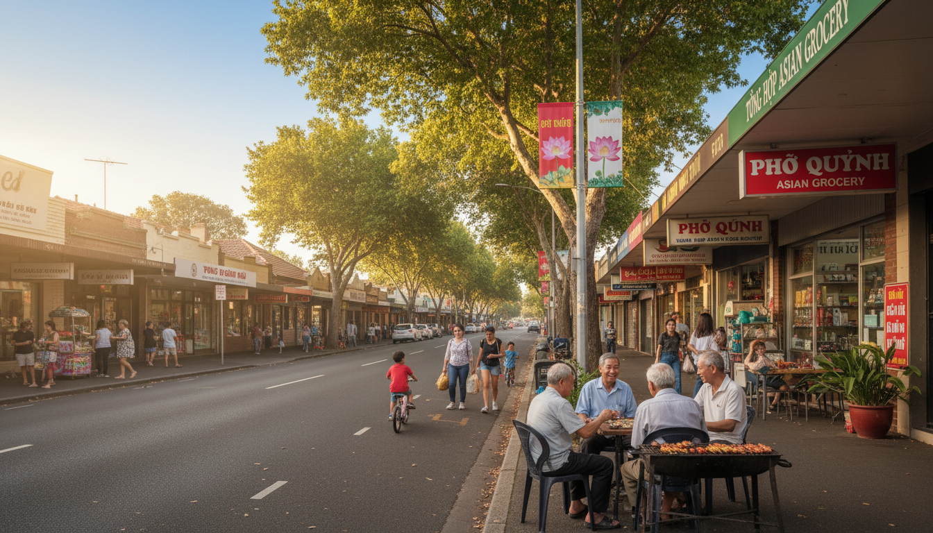 Image: A sun-drenched street scene in Adelaide's inner west, with subtle hints of Vietnamese culture like shop signs in Vietnamese script, people chatting, and a sense of community vibrancy