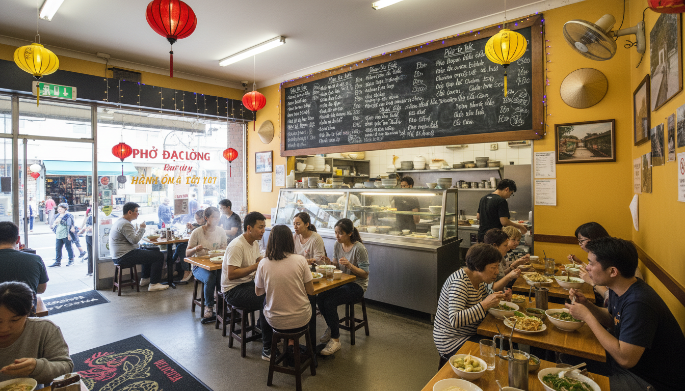 Image: A bustling, authentic Vietnamese eatery interior in Adelaide, with patrons of various ages enjoying their meals. The walls feature simple decor, and a prominent, handwritten menu board in Vietnamese script is visible above the counter.