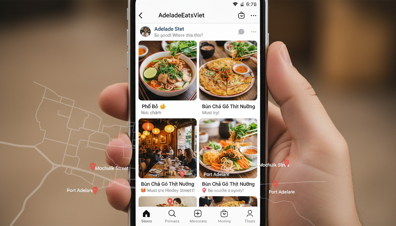 Image: A smartphone screen displaying a vibrant social media feed focused on Vietnamese food in Adelaide. The feed shows various delicious dishes, restaurant interiors, and comments from users, with a subtle map overlay indicating locations within Adelaide.