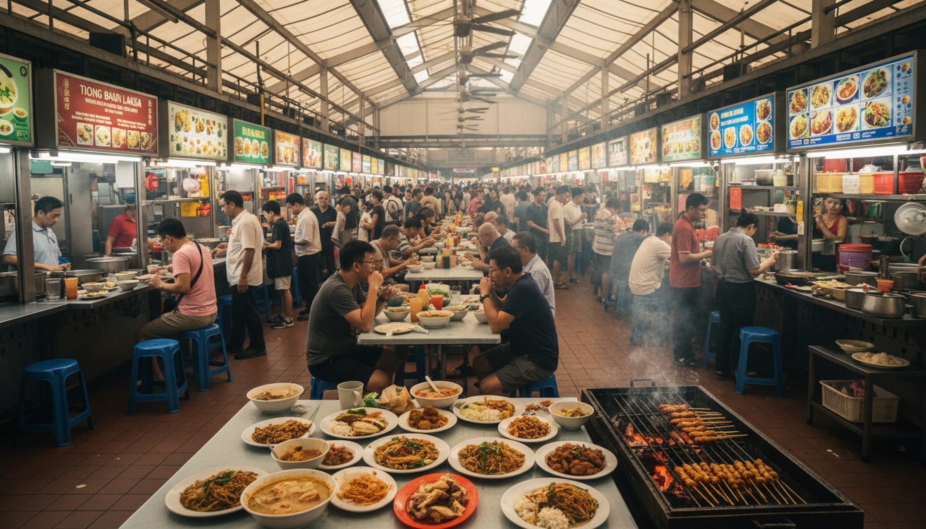 Image: A vibrant, bustling Singapore hawker centre during lunchtime, with diverse food stalls, people eating at communal tables, and the air filled with steam and delicious aromas. Focus on the energy and variety of food.
