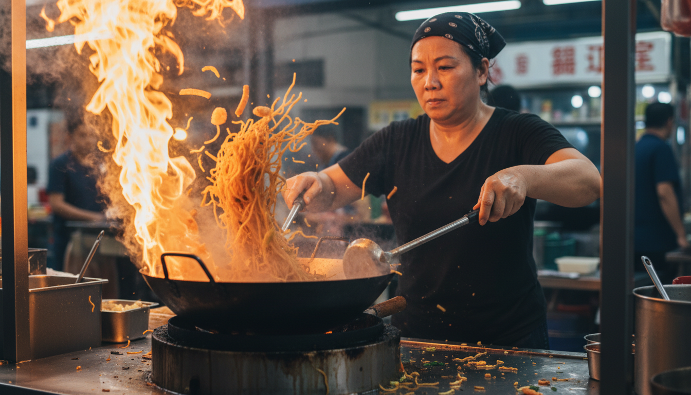 Image: A close-up, dynamic shot of a skilled hawker chef expertly stir-frying noodles in a flaming wok, with steam rising, ingredients flying, and intense focus on their face.