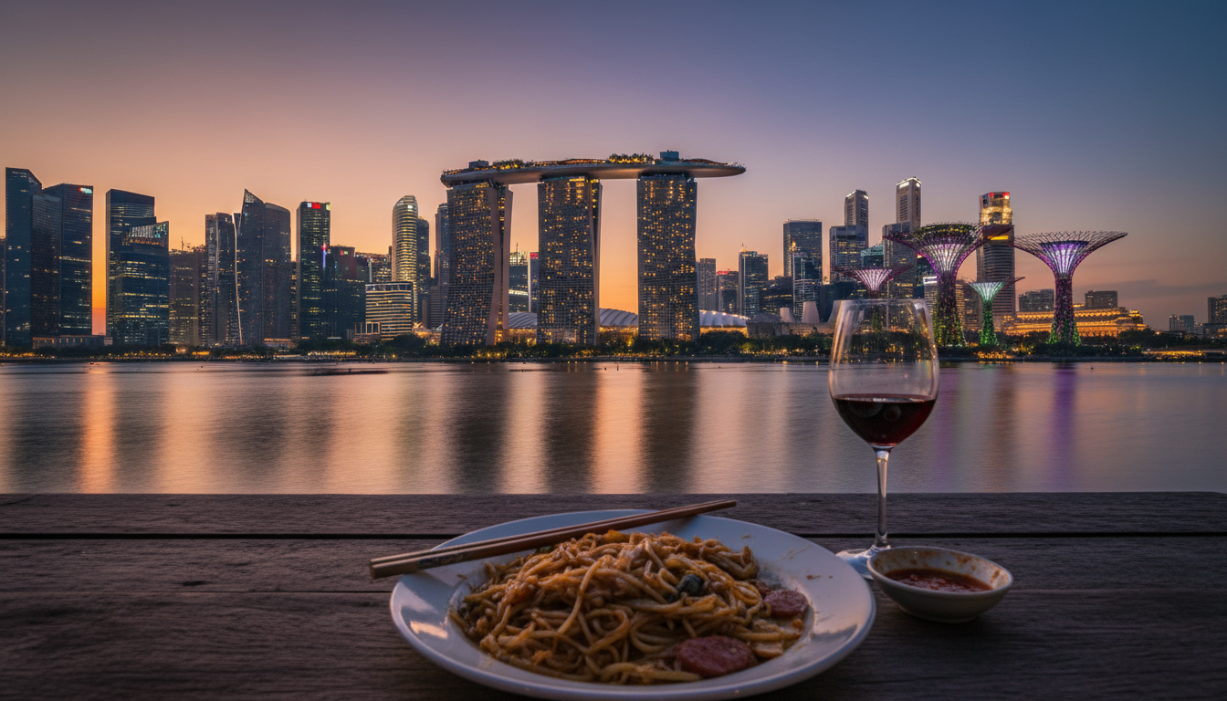 Image: A panoramic view of the iconic Singapore skyline at dusk, featuring Marina Bay Sands, the Supertrees, and other modern architecture. In the foreground, subtly integrated elements of diverse food (e.g., a blurred hawker dish, a wine glass) hinting at the city's culinary richness.