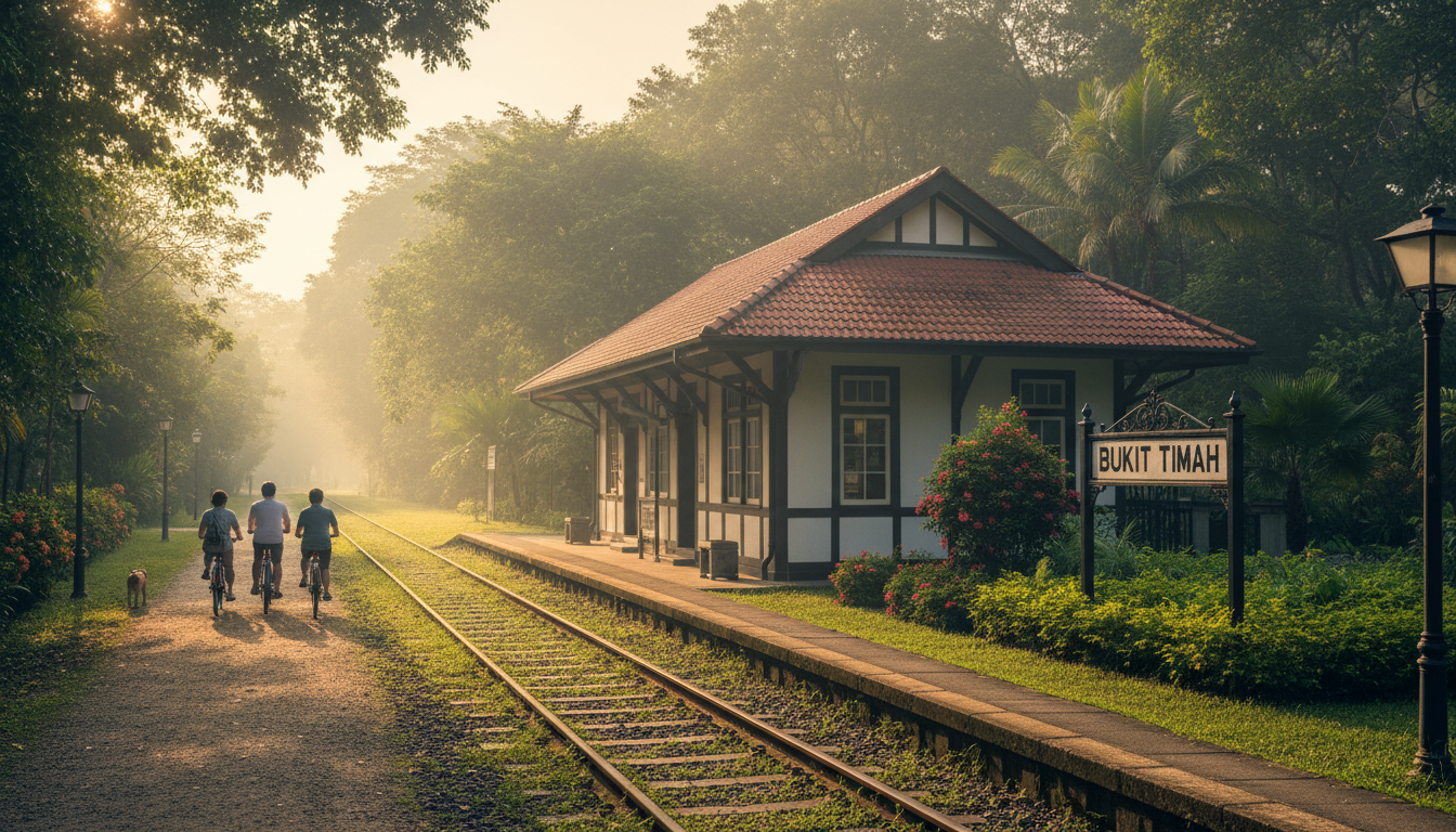 Image: The beautifully preserved colonial-era Bukit Timah Railway Station in Singapore, showcasing its red-tiled roof, white walls, and original railway tracks bathed in soft morning light. A few people are leisurely cycling or walking along the adjacent Rail Corridor, surrounded by lush green foliage.