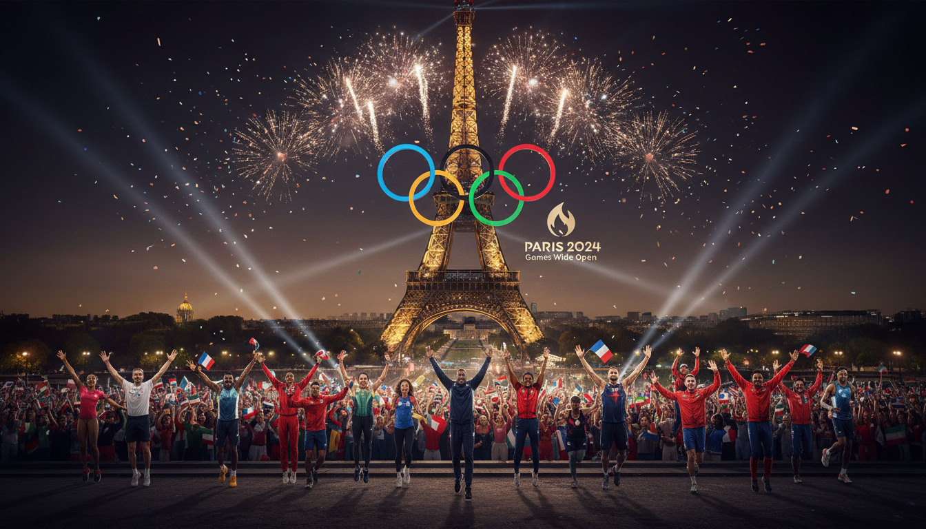Image: A dynamic and celebratory image of the Paris 2024 Olympic Games branding, featuring the iconic Eiffel Tower illuminated with the Olympic rings. Diverse athletes and cheering crowds are visible in the foreground, embodying the spirit of "Games Wide Open." The scene is energetic and filled with national pride.
