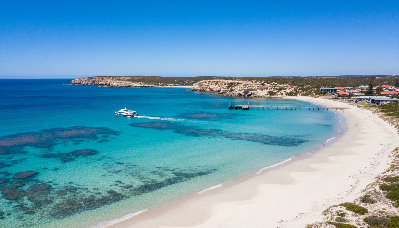 Image: A panoramic view of Rottnest Island's coastline, featuring crystal-clear turquoise waters, white sandy beaches, and distant limestone cliffs under a bright blue sky. A small ferry approaches the main jetty.