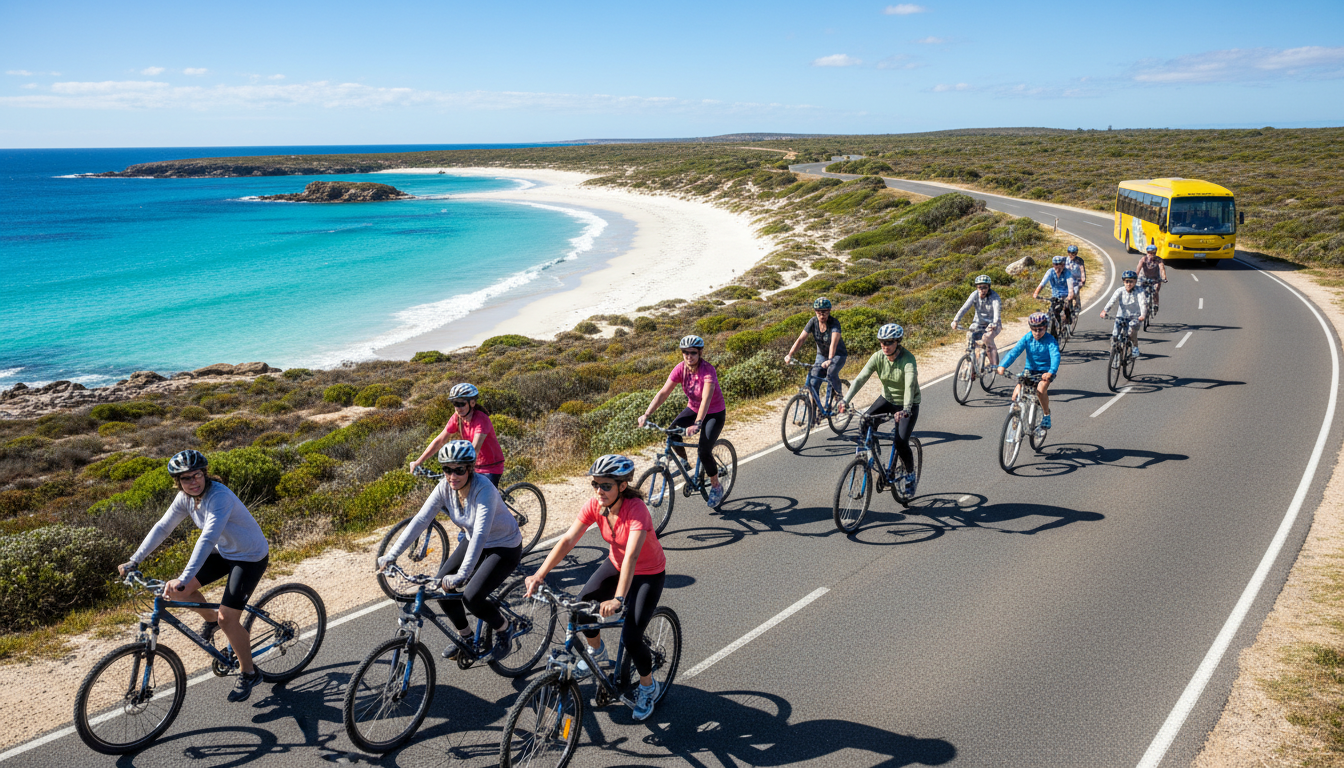 Image: A vibrant scene on Rottnest Island showing a group of cyclists of varying ages enjoying a paved coastal path, with the turquoise ocean and white sandy beaches in the background. A bright yellow Island Explorer bus is visible in the distance on another section of the road.