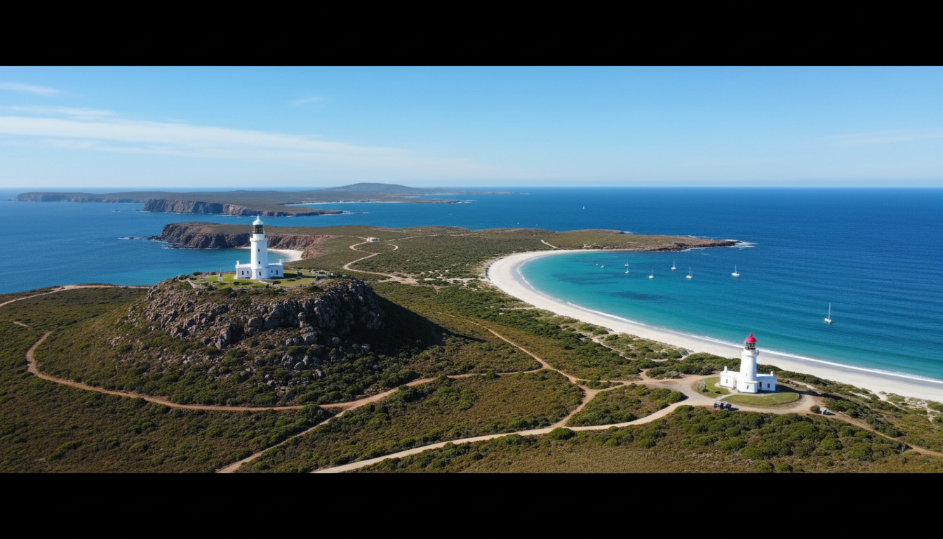 Image: A drone shot capturing both Wadjemup Lighthouse and Bathurst Lighthouse on Rottnest Island, showing them in their respective stunning coastal settings. Wadjemup is on a prominent hill with panoramic views, while Bathurst is closer to a white sandy beach with turquoise water. The image conveys the island's diverse landscapes.