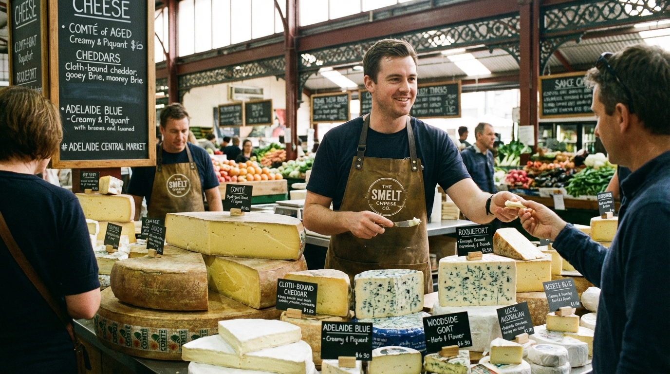 Image: A close-up shot of a vibrant cheese stall inside the Adelaide Central Market, featuring an abundant display of various artisan cheeses, some with labels and descriptions. A friendly cheesemonger in an apron is engaging with a customer, offering a sample.