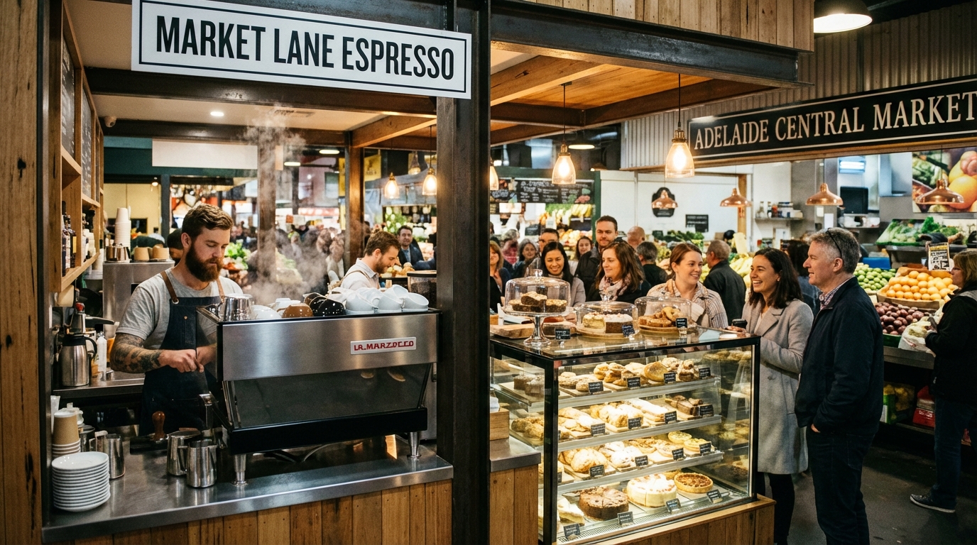 Image: A bustling cafe stall within the Adelaide Central Market, featuring a barista preparing coffee with professional equipment, customers waiting in line, and a display of fresh pastries and cakes. The scene is lively and inviting, with warm lighting.