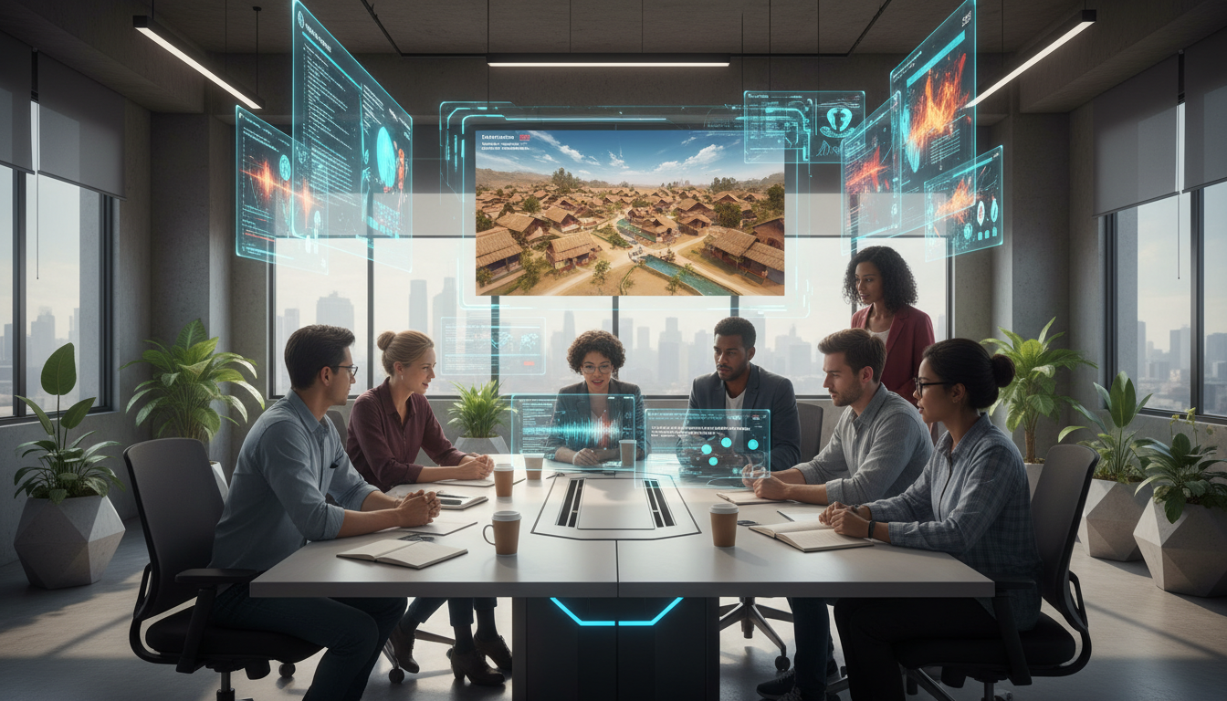 Image: A creative team of diverse individuals brainstorming in a modern, collaborative office space, with holographic screens displaying AI-generated concepts and script snippets in vibrant colors. One person points to a detailed 3D rendering of a historical Vietnamese village, while another reviews AI-suggested dialogue on a tablet.