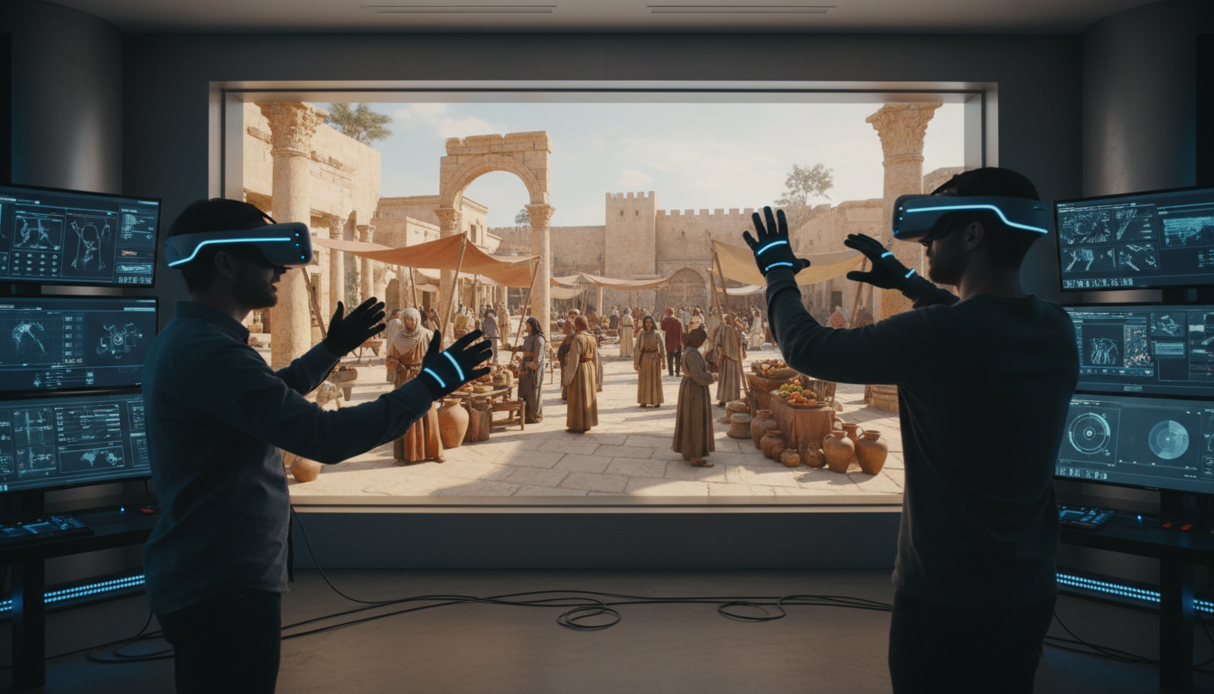Image: A director and cinematographer, wearing sleek VR headsets, stand in a modern virtual production control room. On a large transparent screen in front of them, a photorealistic 3D rendering of a bustling ancient market square with intricate historical details is visible. They are gesturing and discussing camera angles within the virtual environment.