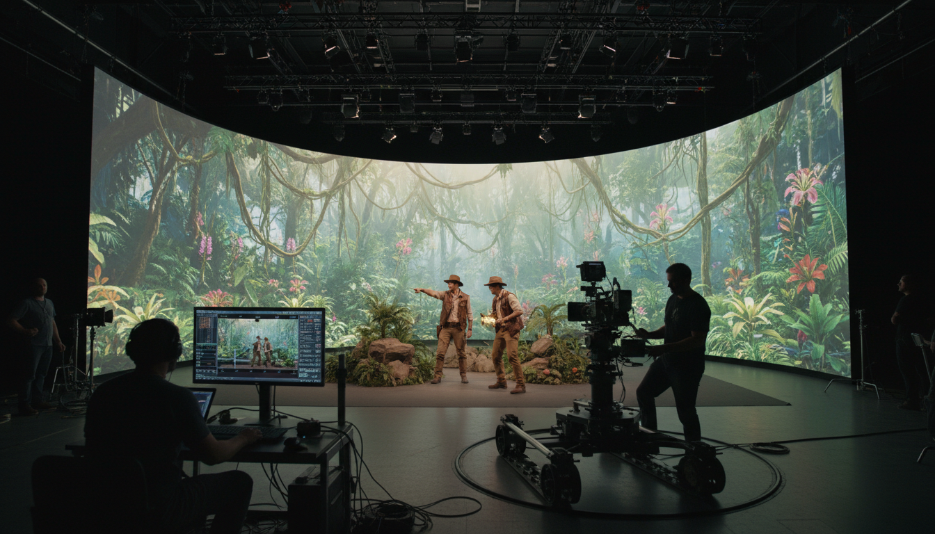 Image: A film set featuring a massive curved LED wall displaying a vibrant, photorealistic virtual jungle. Actors in explorer gear are interacting with the virtual environment, while a camera crew films them. A technical director monitors the real-time interaction between the live action and the digital background on a screen.