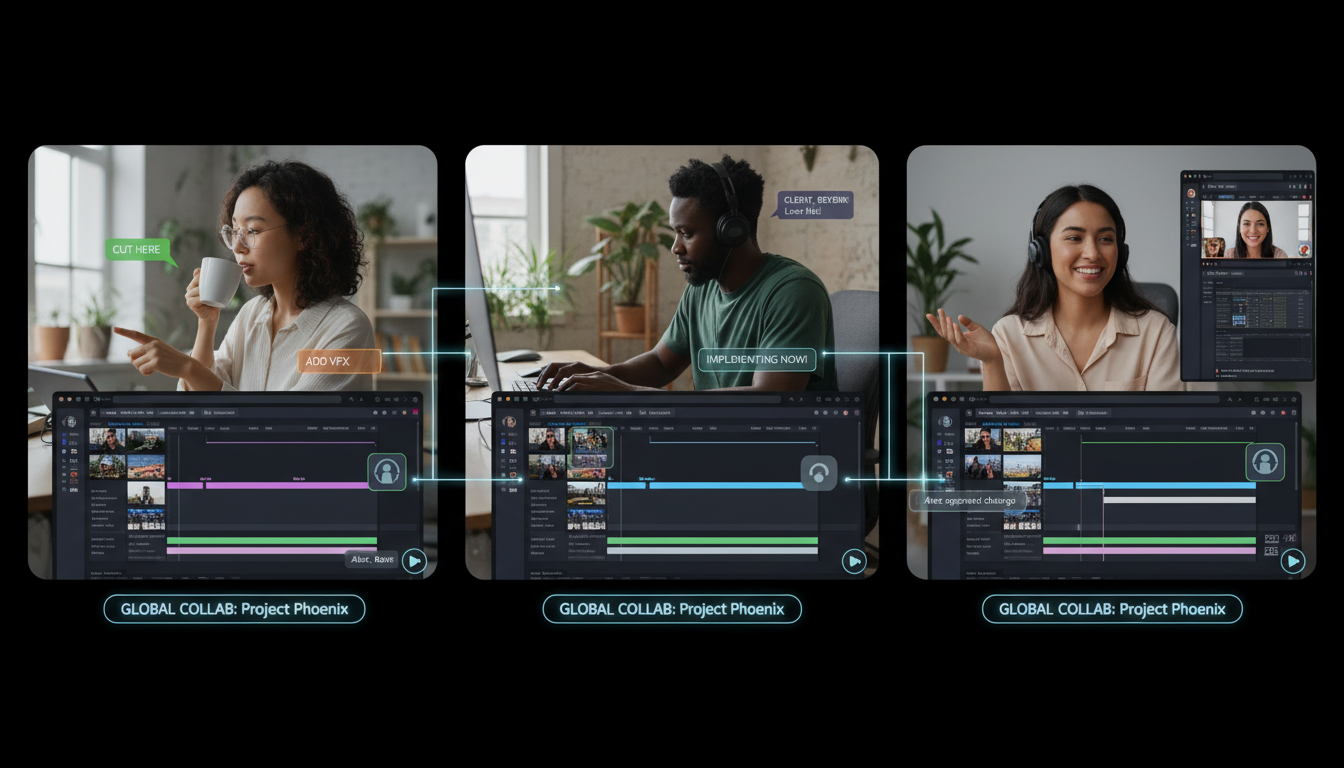 Image: A diverse creative team, spread across different geographic locations, collaborating seamlessly on a cloud-based video editing platform. On their individual screens, the same video project is open, showing real-time annotations and comments from various team members and a client. A project manager on a video call smiles as they see changes being implemented instantly.