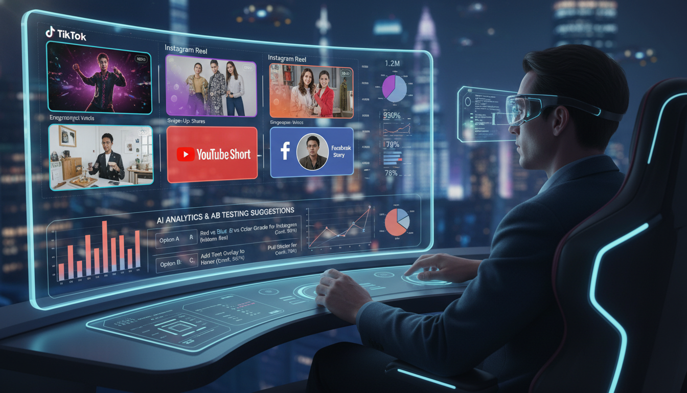 Image: A futuristic dashboard displaying a matrix of video thumbnails, each optimized for a different social media platform (TikTok, Instagram Reel, YouTube Short, Facebook Story). AI analytics charts show real-time performance data for each version, while an operator reviews suggestions for A/B testing and further personalization.
