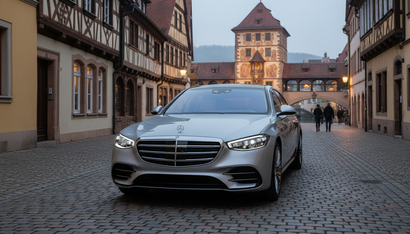 Image: A sleek, modern German car (like a BMW or Mercedes) is parked on a historic cobblestone street in a charming German town, blending traditional architecture with cutting-edge automotive design. The image should convey a sense of heritage meeting innovation, with warm, inviting lighting.
