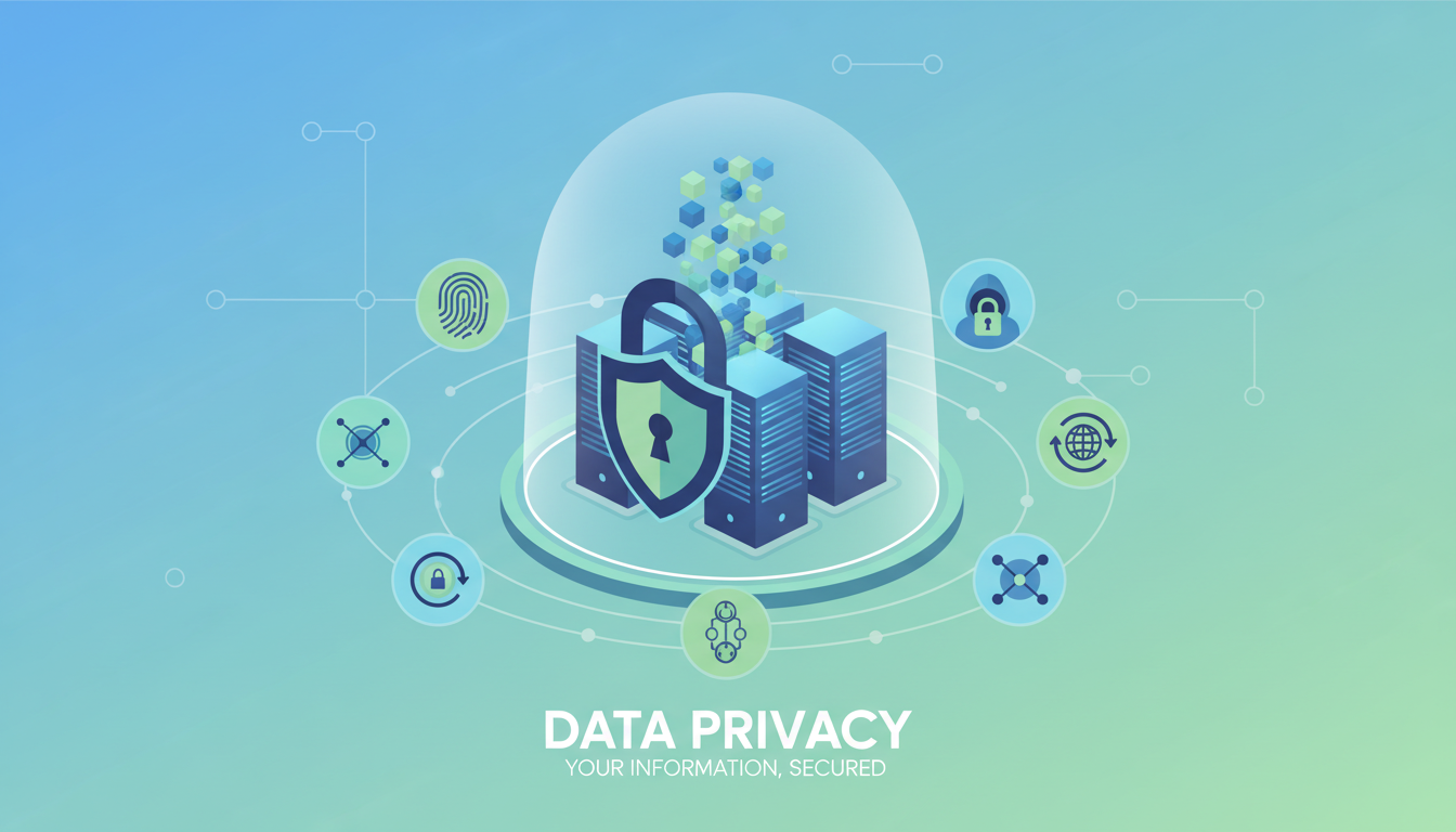 Image: A stylized infographic depicting data privacy, with elements like a padlock, a shield, and discreet data flowing into secure servers. The design should be clean, modern, and trustworthy, using a calm color palette of blues and greens.